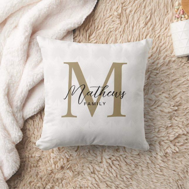 Chic White Gold Anahaw Leaf Script Monogram Cushion (Blanket)