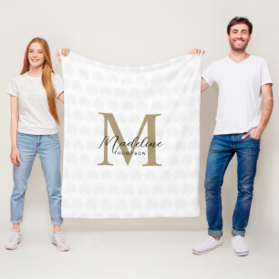 Chic White Gold Anahaw Leaf Script Monogram Fleece Blanket