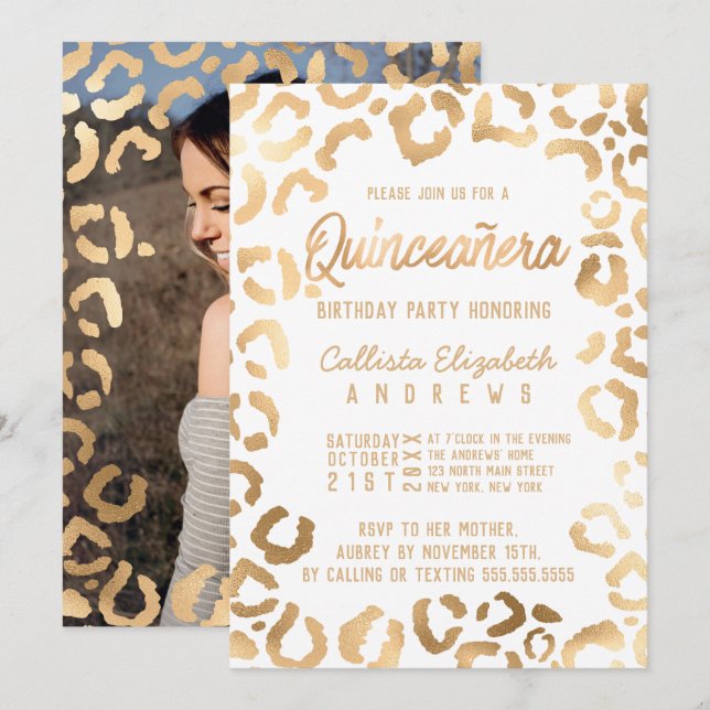 Chic White Gold Cheetah Leopard Quinceañera Photo Invitation (Front/Back)