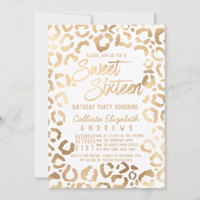 Chic White Gold Cheetah Leopard Sweet 16 Invitation (Front)