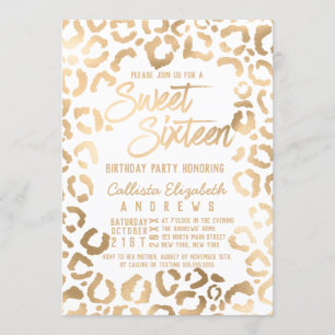 Chic White Gold Cheetah Leopard Sweet 16 Invitation