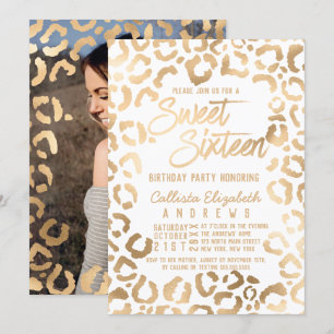 Chic White Gold Cheetah Leopard Sweet 16 Photo Invitation