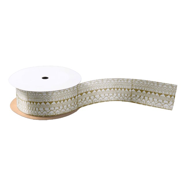 Chic white gold faux glitter aztec pattern satin ribbon (Spool)