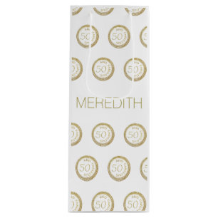 Chic White Gold Fifty and Fabulous 50th Birthday Wine Gift Bag