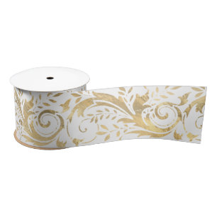 Chic White Gold Floral Scroll Modern Pattern Satin Ribbon