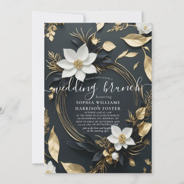 Chic White Gold Floral Wreath Photo Wedding Brunch Invitation (Front)