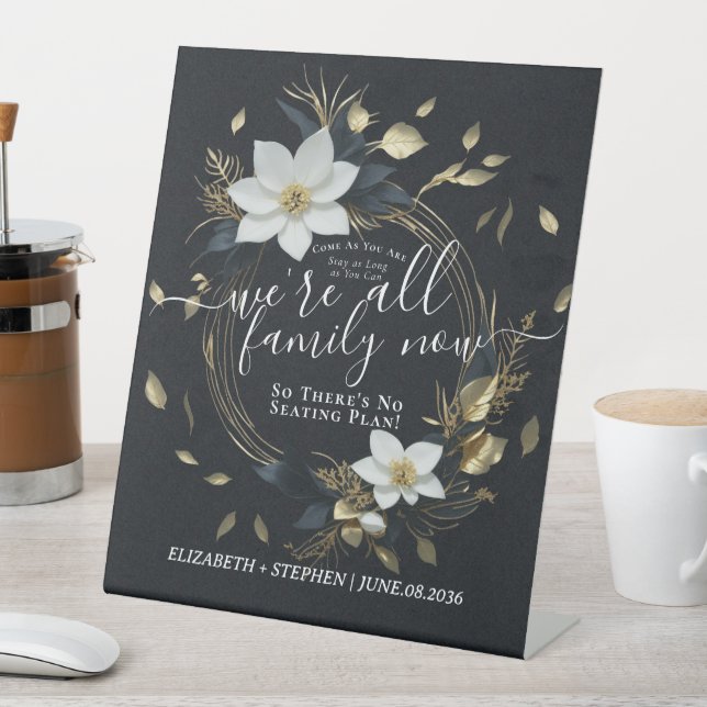 Chic White Gold Floral Wreath Seating Wedding Sign (In SItu)