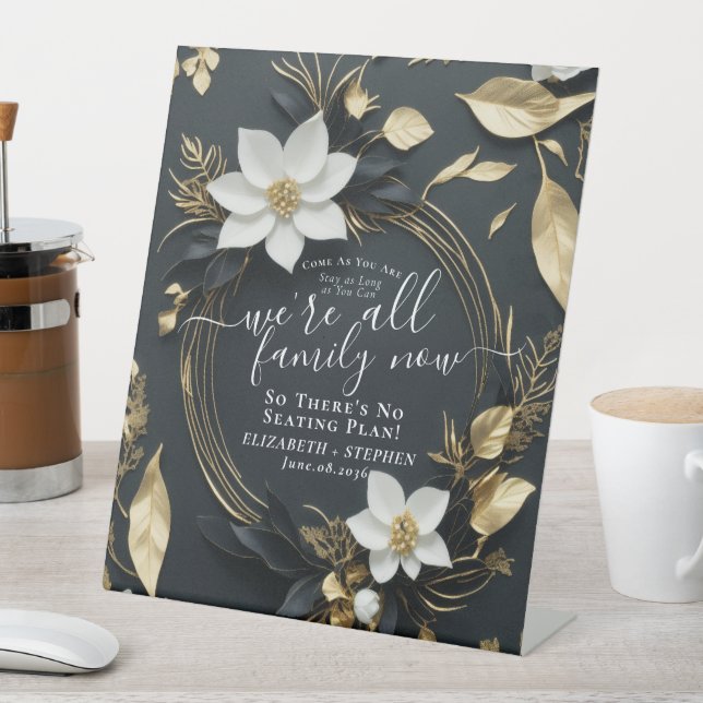 Chic White Gold Floral Wreath Seating Wedding Sign (In SItu)