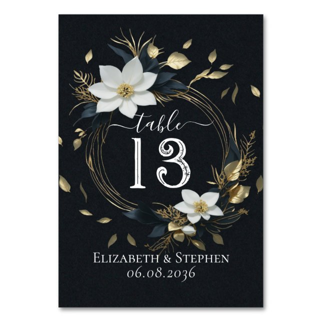 Chic White Gold Floral Wreath Wedding Table Number (Front)