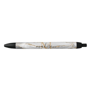Chic White Gold Glitter Agate Monogram Script Name Black Ink Pen