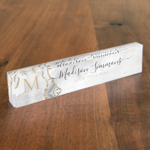 Chic White Gold Glitter Agate Monogram Script Name Nameplate