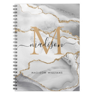 Chic White Gold Glitter Agate Monogram Script Name Notebook