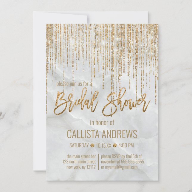 Chic White Gold Glitter Pearl Marble Bridal Shower Invitation (Front)