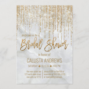 Chic White Gold Glitter Pearl Marble Bridal Shower Invitation