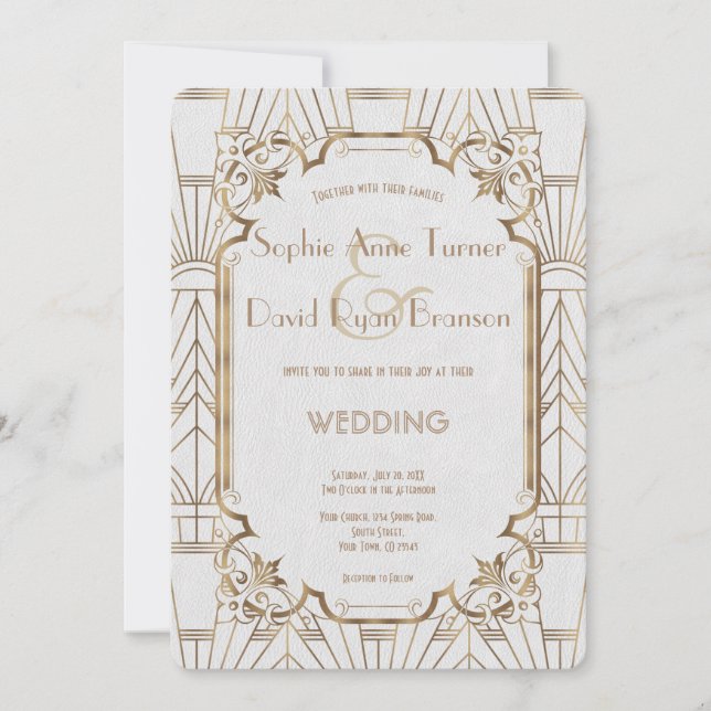 Chic White Gold Great Gatsby Art Deco Wedding Invitation (Front)