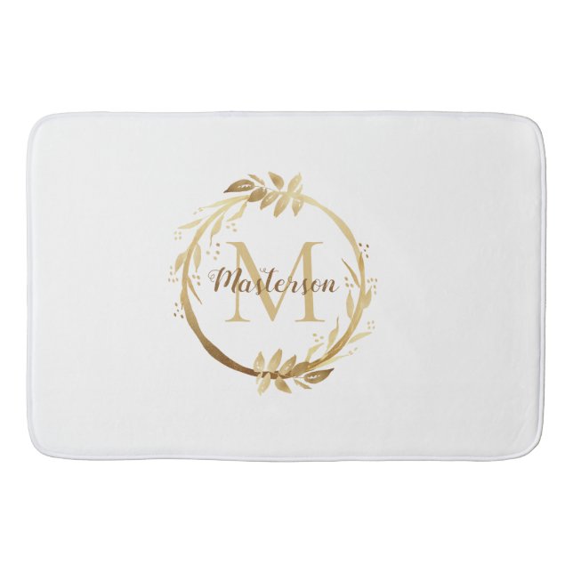 Chic White Gold Monogram Eucalyptus Wreath Bath Mat (Front)