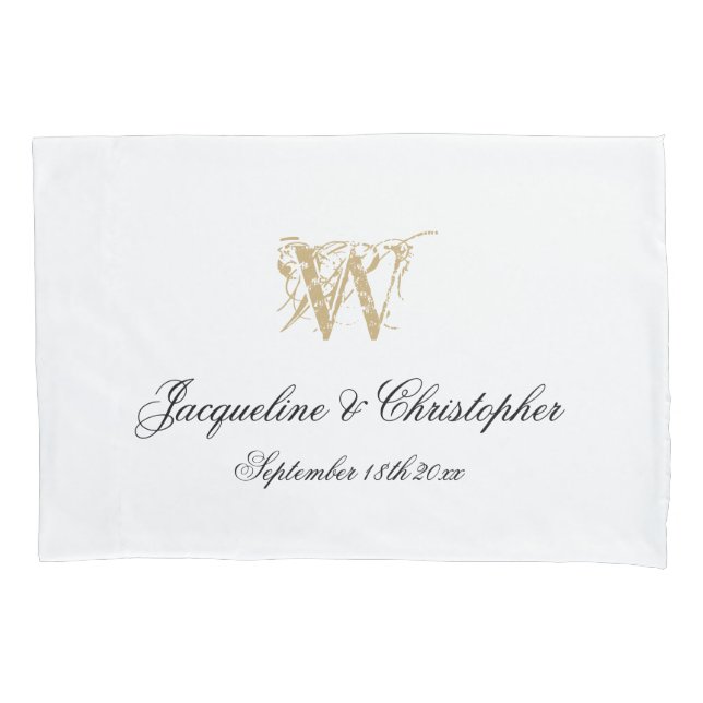 Chic White Gold Monogram + Names Newlywed Wedding Pillowcase (Front)