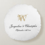Chic White Gold Monogram Newlywed Wedding Keepsake Round Cushion<br><div class="desc">Chic White Gold Monogram Newlywed Wedding Keepsake Round Pillow. Personalised white and gold monogrammed round pillow. Elegant chic script initial, names of the bride and groom and wedding date on a classic solid white background. Beautiful gift for newly weds, or beautiful for your own home. Lovely gift for weddings, wedding...</div>