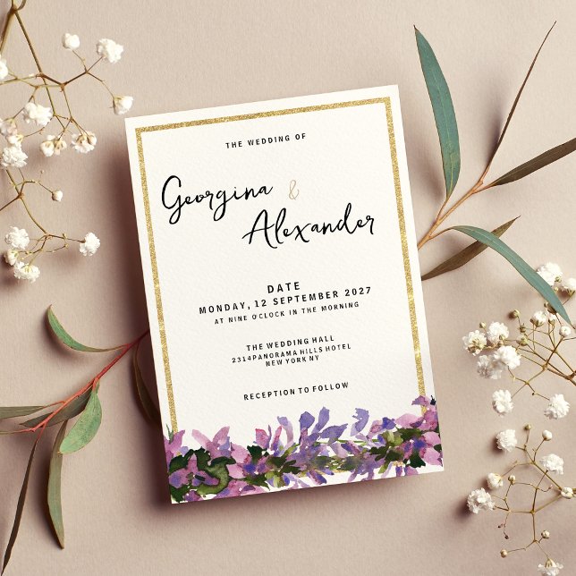 Chic white gold purple pink green floral wedding  invitation (Chic white gold purple pink green floral)