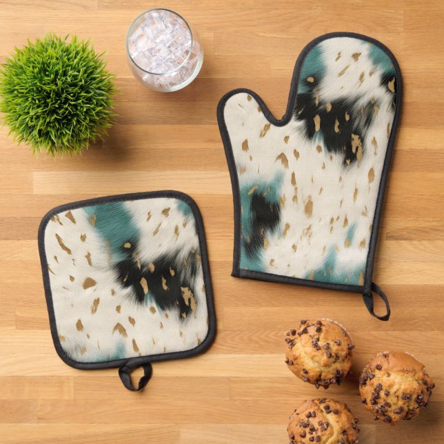 Chic White Gold Turquoise Black Cowhide  Oven Mitt & Pot Holder Set (Top Down)