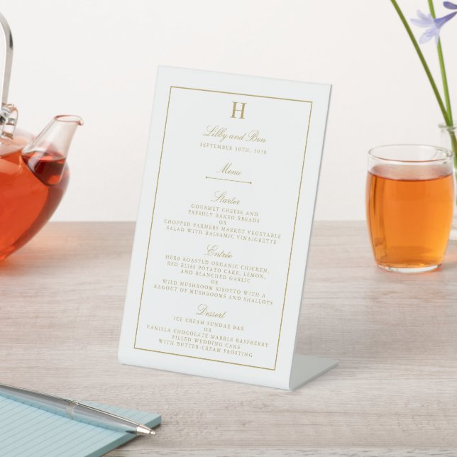 Chic White & Gold Wedding Menu Template Pedestal Sign (In SItu)