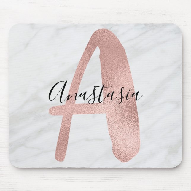 Chic White & Gray Marble Rose Gold A Monogram Name Mouse Mat (Front)
