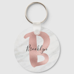Chic White & Gray Marble Rose Gold B Monogram Name Key Ring