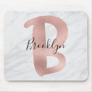 Chic White & Gray Marble Rose Gold B Monogram Name Mouse Mat