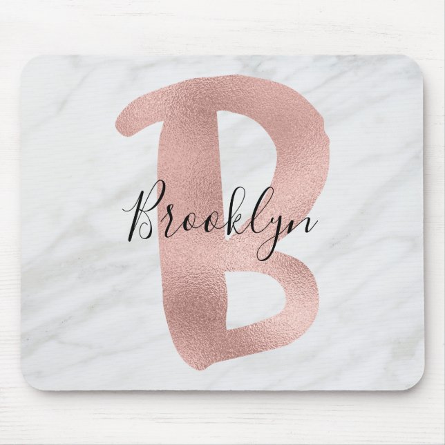 Chic White & Gray Marble Rose Gold B Monogram Name Mouse Mat (Front)