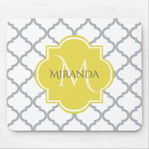 Chic White Gray Quatrefoil Yellow Monogrammed Name Mouse Mat