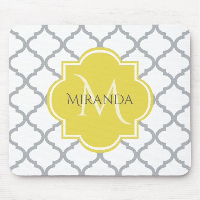 Chic White Gray Quatrefoil Yellow Monogrammed Name Mouse Mat (Front)