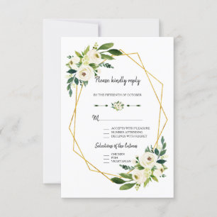 Chic White Green Floral Gold Frame Wedding RSVP