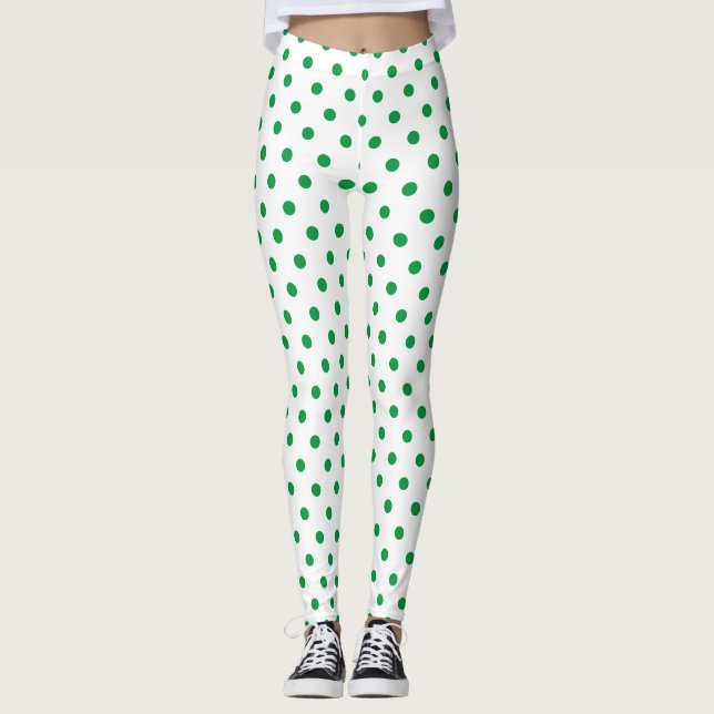 Chic White Green Polka Dot Pattern Leggings (Front)