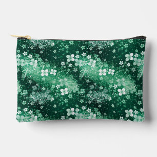 Chic White Green Shamrocks & Dots on Dark Green Accessory Pouch