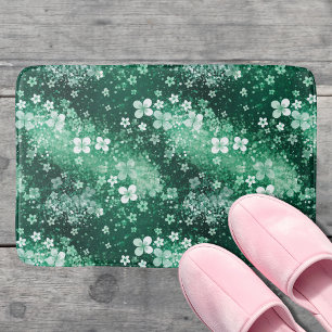 Chic White Green Shamrocks & Dots on Dark Green Bath Mat