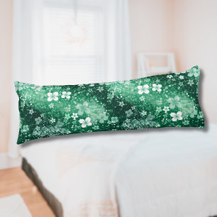 Chic White Green Shamrocks & Dots on Dark Green Body Cushion