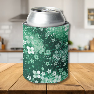 Chic White Green Shamrocks & Dots on Dark Green Can Cooler