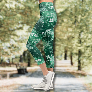 Chic White Green Shamrocks & Dots on Dark Green Capri Leggings