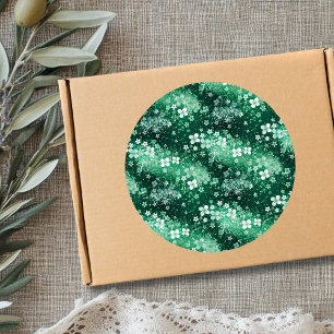 Chic White Green Shamrocks & Dots on Dark Green Classic Round Sticker