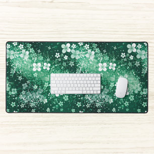 Chic White Green Shamrocks & Dots on Dark Green Desk Mat