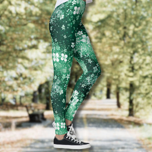 Chic White Green Shamrocks & Dots on Dark Green Leggings