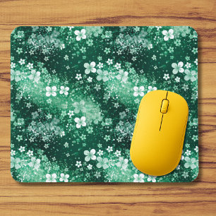 Chic White Green Shamrocks & Dots on Dark Green Mouse Mat