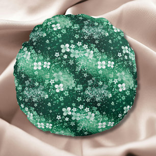 Chic White Green Shamrocks & Dots on Dark Green Round Cushion