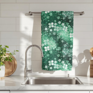 Chic White Green Shamrocks & Dots on Dark Green Tea Towel