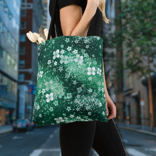 Chic White Green Shamrocks & Dots on Dark Green Tote Bag