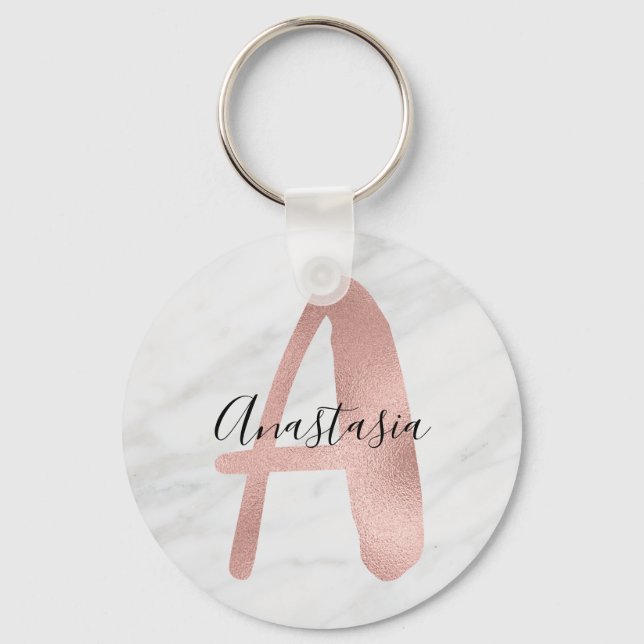 Chic White & Grey Marble Rose Gold A Monogram Name Key Ring (Front)