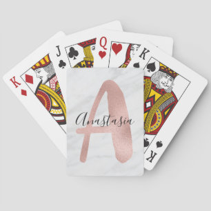 Chic White & Grey Marble Rose Gold A Monogram Name Playing Cards
