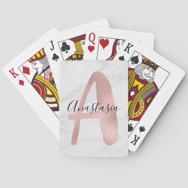 Chic White & Grey Marble Rose Gold A Monogram Name Playing Cards (Back)