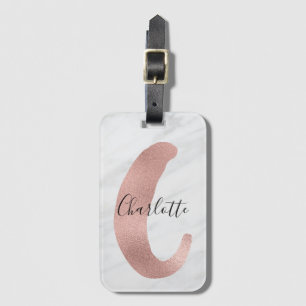 Chic White & Grey Marble Rose Gold C Monogram Name Luggage Tag