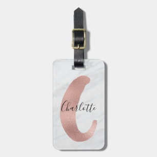 Chic White & Grey Marble Rose Gold C Monogram Name Luggage Tag